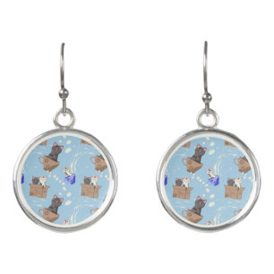 Cats in box and milk drops on blue earrings