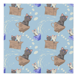 Cats in box and milk drops on blue faux canvas print