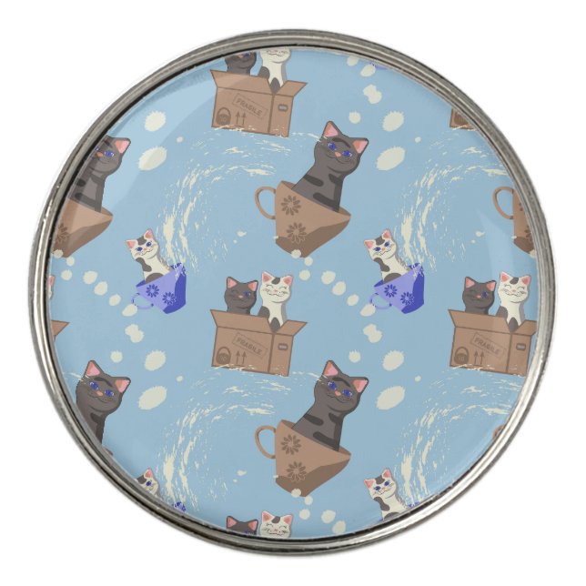 Cats in box and milk drops on blue golf ball marker (Front)