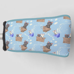 Cats in box and milk drops on blue golf head cover