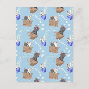 Cats in box and milk drops on blue holiday postcard