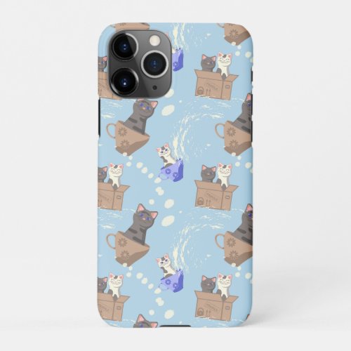 Cats in box and milk drops on blue iPhone 11Pro case