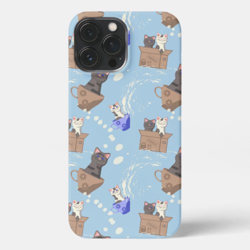 Cats in box and milk drops on blue iPhone 13 pro max case