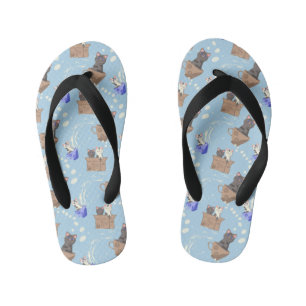 Cats in box and milk drops on blue kid's flip flops