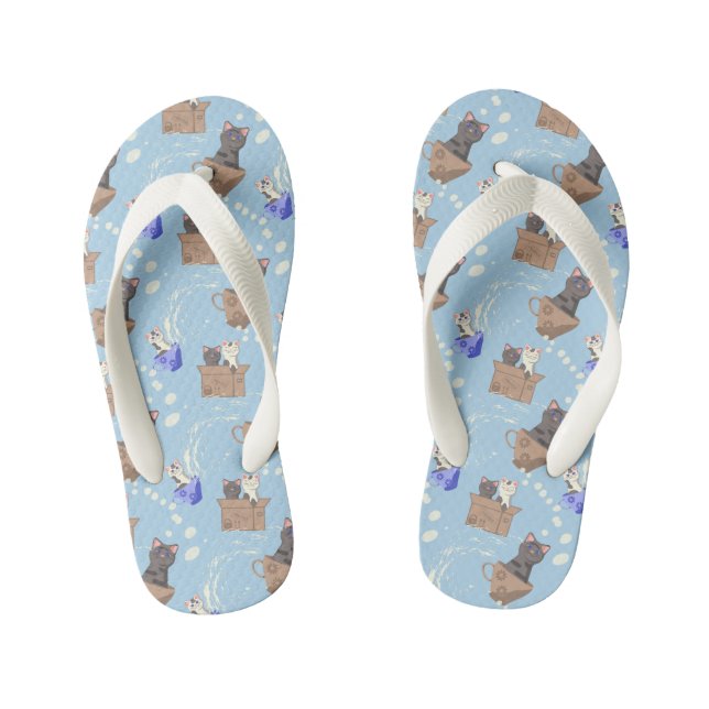 Cats in box and milk drops on blue kid's flip flops (Footbed)