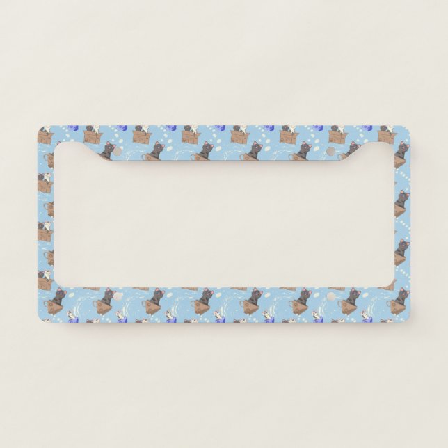 Cats in box and milk drops on blue license plate frame (Front)