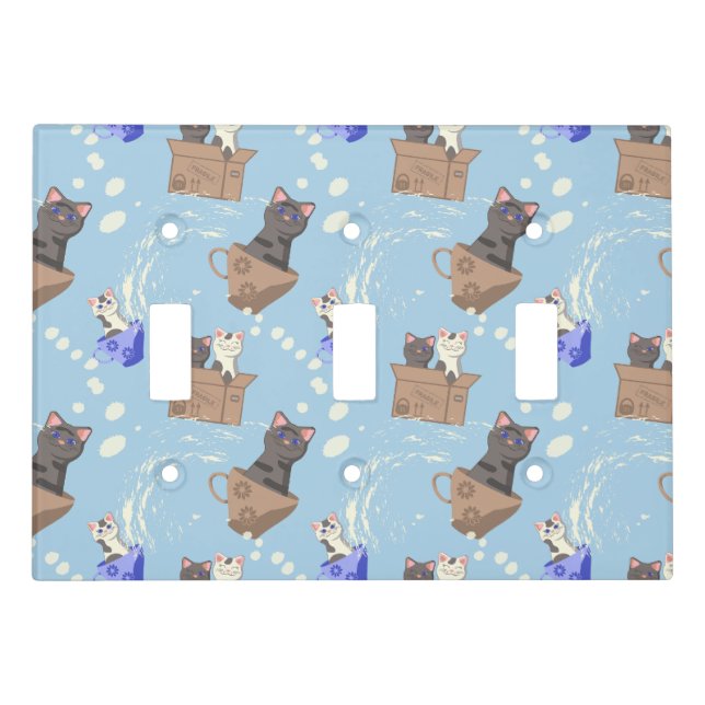 Cats in box and milk drops on blue light switch cover (Front)