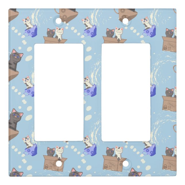 Cats in box and milk drops on blue light switch cover (Front)