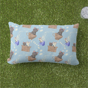 Cats in box and milk drops on blue lumbar pillow