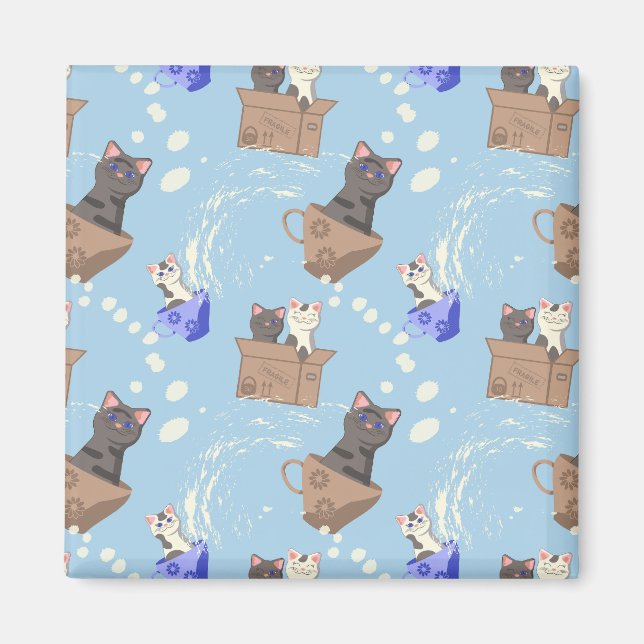 Cats in box and milk drops on blue magnet (Front)