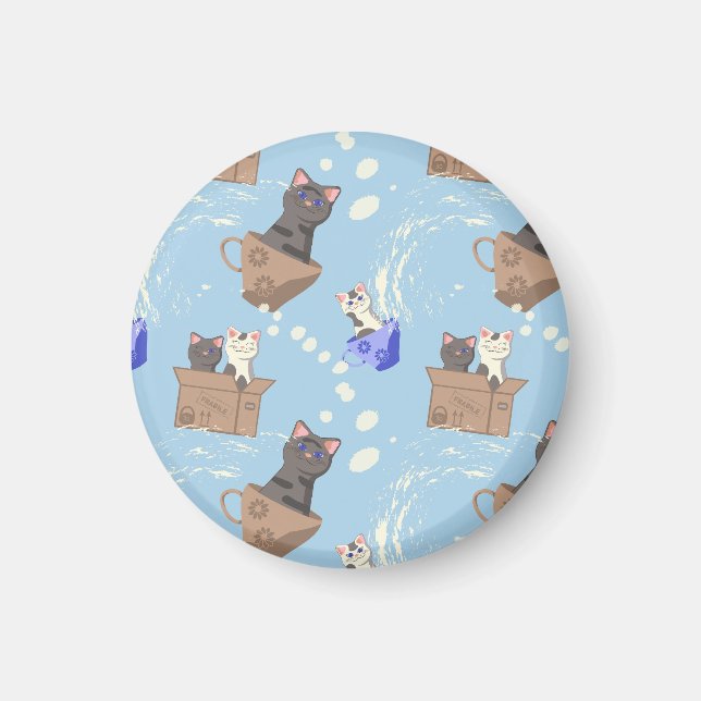 Cats in box and milk drops on blue magnet (Front)