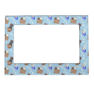 Cats in box and milk drops on blue magnetic frame
