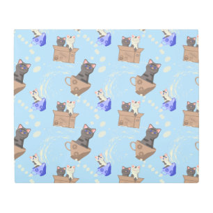 Cats in box and milk drops on blue metal print