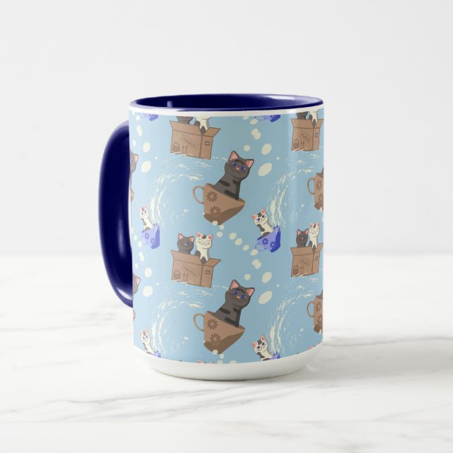 Cats in box and milk drops on blue mug (Front Left)