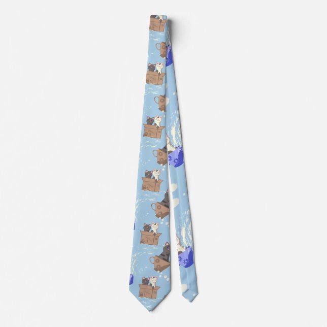 Cats in box and milk drops on blue neck tie (Front)