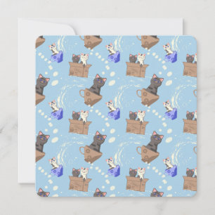 Cats in box and milk drops on blue note card