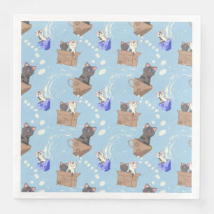 Cats in box and milk drops on blue paper dinner napkins