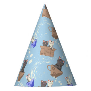Cats in box and milk drops on blue party hat