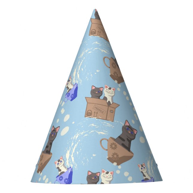 Cats in box and milk drops on blue party hat (Front)