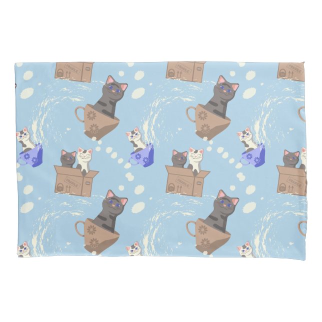 Cats in box and milk drops on blue pillow case (Front)