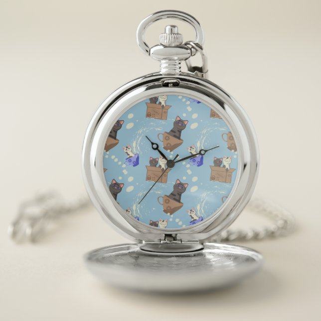 Cats in box and milk drops on blue pocket watch (Inside)