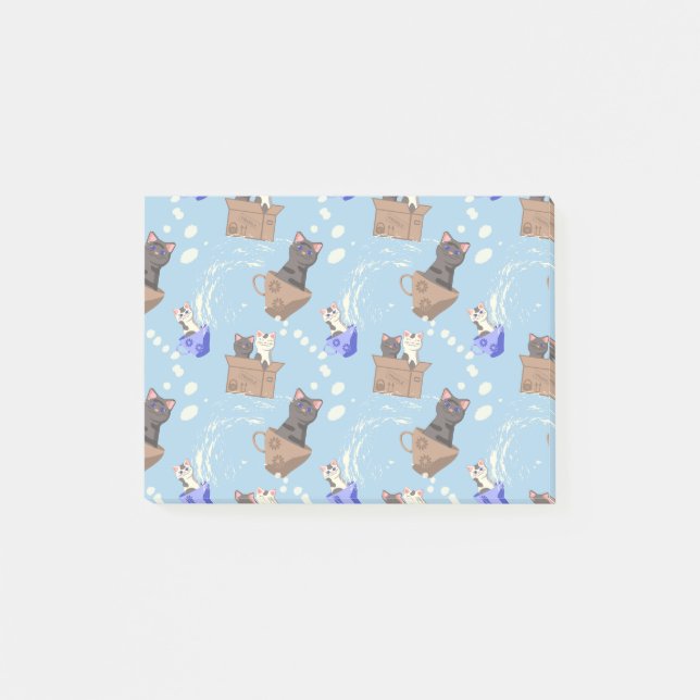 Cats in box and milk drops on blue post-it notes (Front)