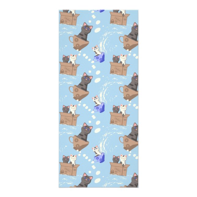 Cats in box and milk drops on blue rack card (Front)
