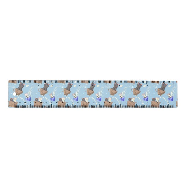 Cats in box and milk drops on blue ruler (Front)