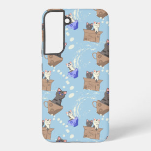 Cats in box and milk drops on blue samsung galaxy s22+ case