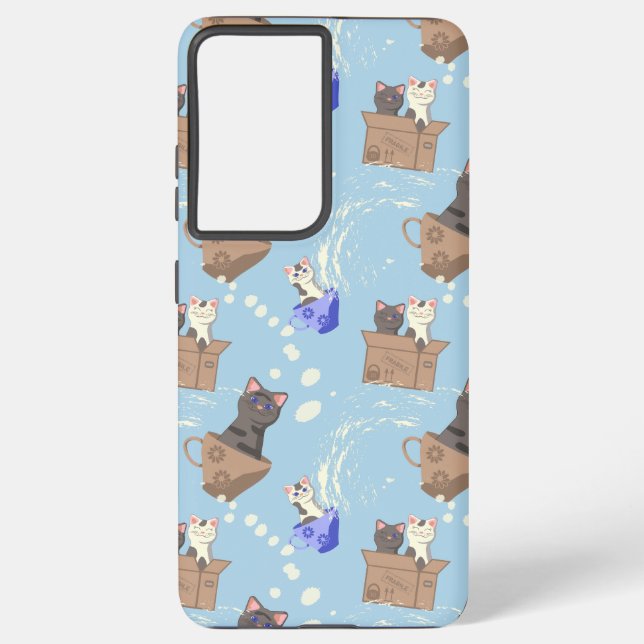 Cats in box and milk drops on blue samsung galaxy case (Back)