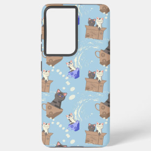 Cats in box and milk drops on blue samsung galaxy s21+ case