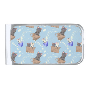 Cats in box and milk drops on blue silver finish money clip
