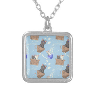 Cats in box and milk drops on blue silver plated necklace