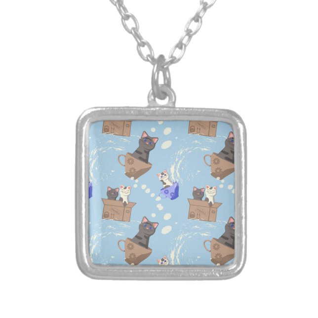 Cats in box and milk drops on blue silver plated necklace (Front)