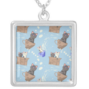 Cats in box and milk drops on blue silver plated necklace