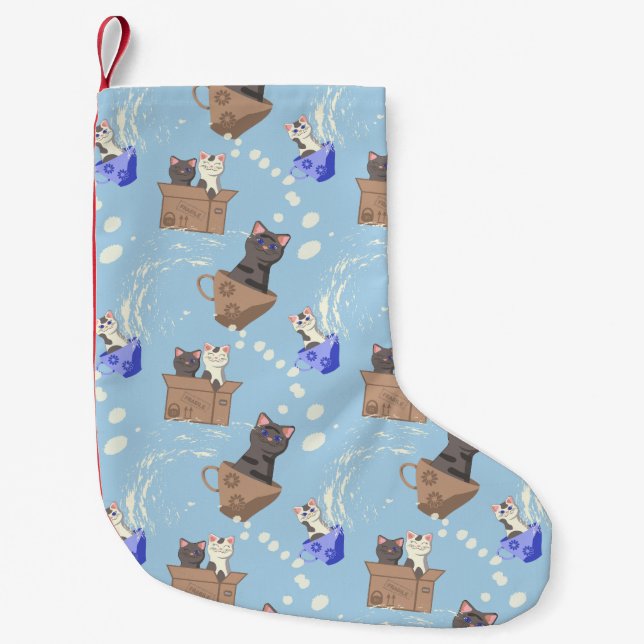 Cats in box and milk drops on blue small christmas stocking (Front)