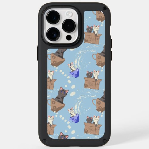 Cats in box and milk drops on blue speck iPhone 14 pro max case