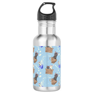 Cats in box and milk drops on blue stainless steel water bottle