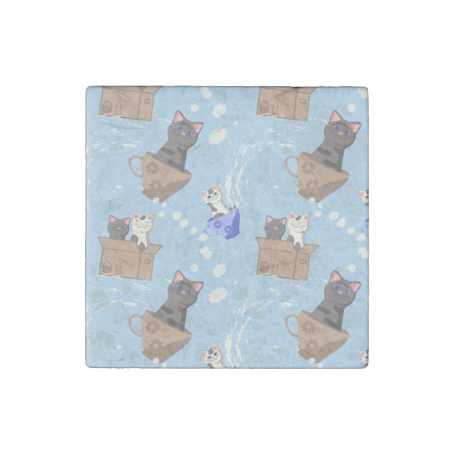 Cats in box and milk drops on blue stone magnet (Front)