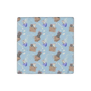 Cats in box and milk drops on blue stone magnet