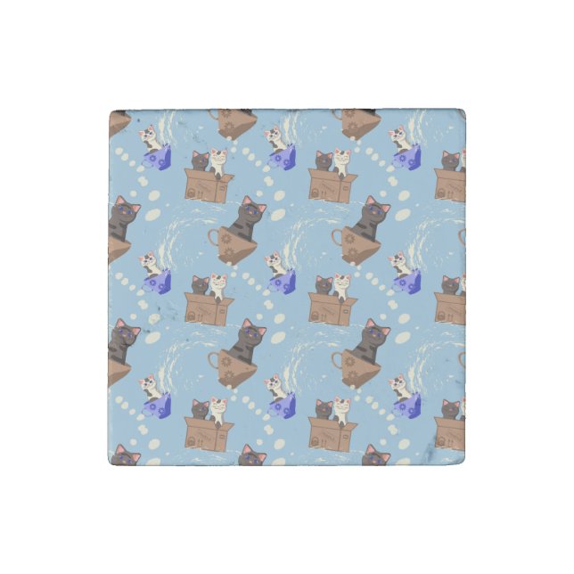 Cats in box and milk drops on blue stone magnet (Front)