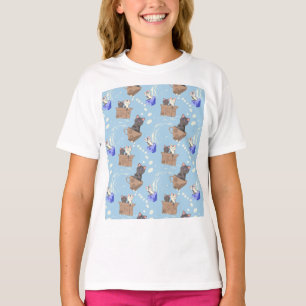 Cats in box and milk drops on blue T-Shirt