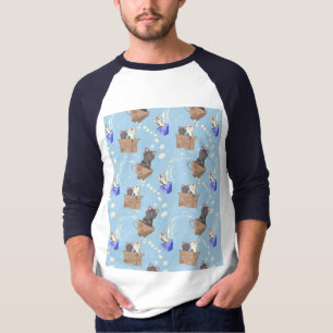 Cats in box and milk drops on blue T-Shirt