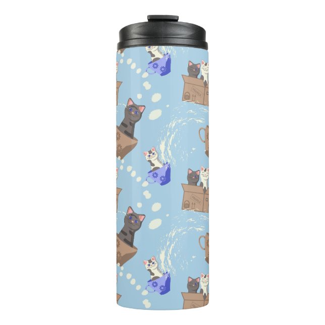 Cats in box and milk drops on blue thermal tumbler (Front)