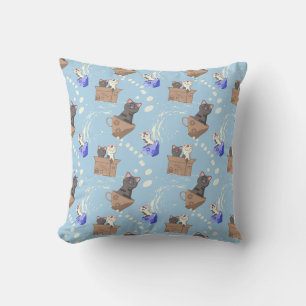Cats in box and milk drops on blue throw pillow
