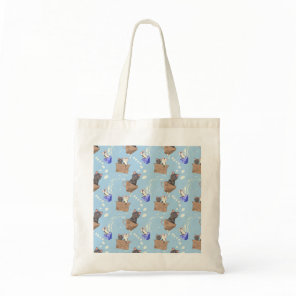 Cats in box and milk drops on blue tote bag