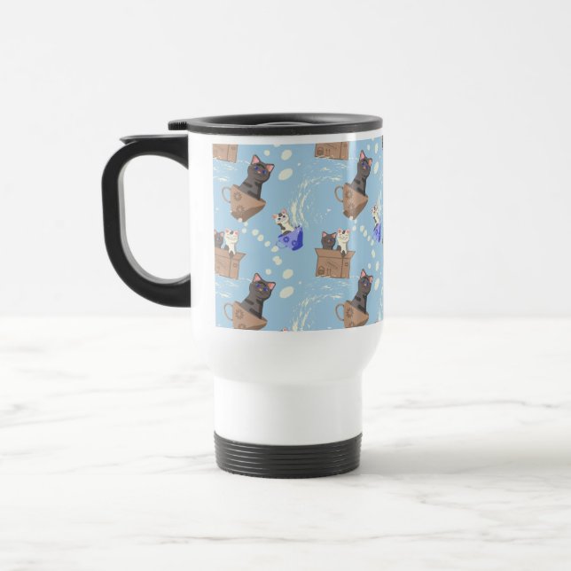 Cats in box and milk drops on blue travel mug (Left)