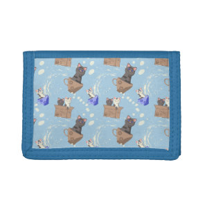 Cats in box and milk drops on blue tri-fold wallet