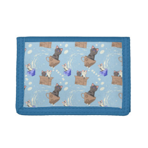 Cats in box and milk drops on blue trifold wallet