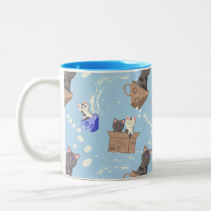 Cats in box and milk drops on blue Two-Tone coffee mug
